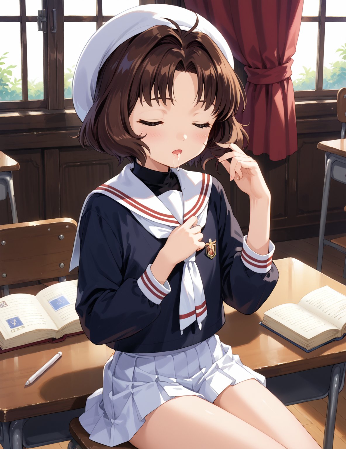 score_9, score_8_up, score_7_up,
,//RikaSasaki, 1990s style, brown hair, short hair, bob cut, brown eyes, flat chest, tiny body,
school uniform, black blouse, white sailor collar, white skirt, short skirt, hat, white hat
,//situations, lLibrary
,//pose, 
sitting in a chair, putting his face on the desk, reading a book, sleeping, drooling
,/LoRA, beautiful_female_fingers, (4_fingers and 1thumb on hand), (correct number of fingers), (beautiful hands), perfect anatomy,