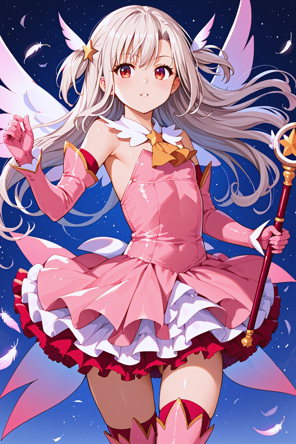 masterpiece, best quality, ultra-detailed, perfect anatomy, High detailed, detailed background, beautiful face,  Uncensored,

1girl, tiny body, flat chest, white hair, red eyes, big eyes, long hair, twin tails, hair ornament, feathers, pink dress, elbow gloves, magical girl, pink thigh Boots,standing, holding magical stick, looking at viewer, 

night, fighting, dutch angle , cowboy shot, from front,

,beautiful_female_fingers,perfect hands,detailed hands,beautiful hands
, score_9, score_8_up, score_7_up, score_6_up, score_5_up, score_4_up, BREAK source_anime, masterpiece