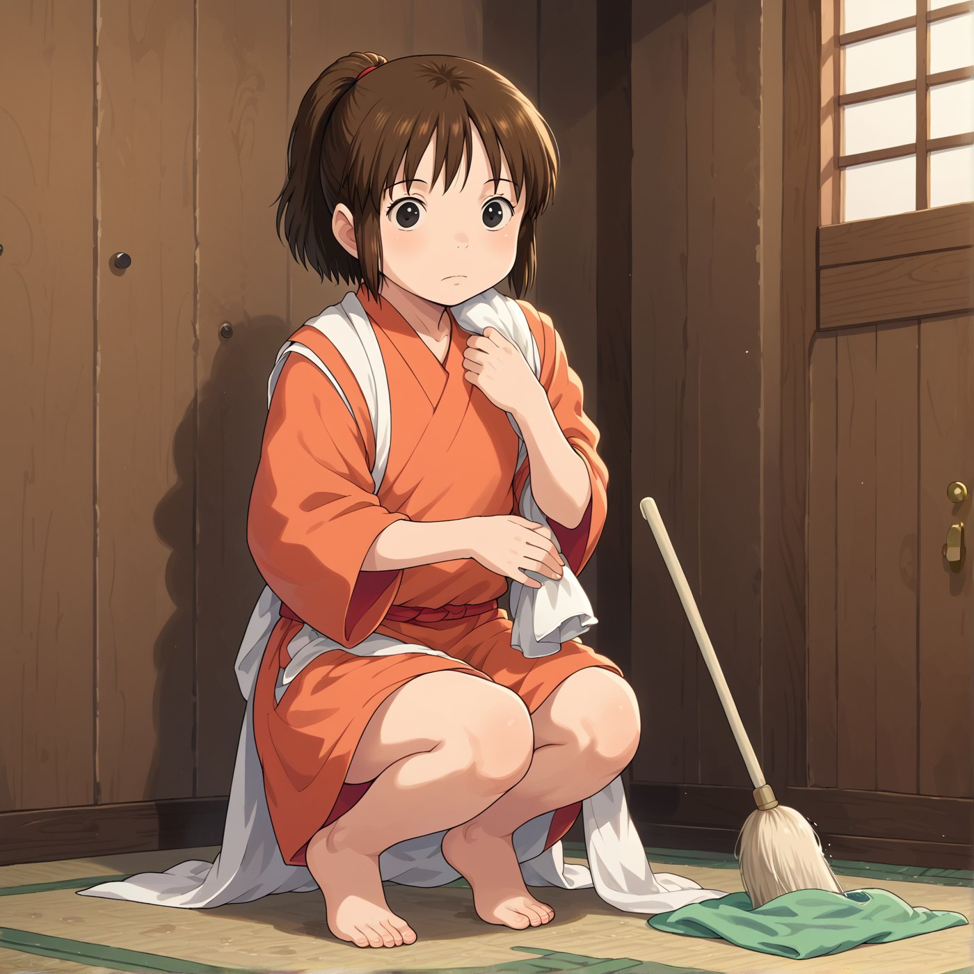  score_9, score_8_up, 1girl, 10 years old, infant body shape, flat chest, No public hair, masterpiece, studio ghibli,chihiro, brown hair, short hair, ponytail, black eyes, japanese clothing, ghibli style,

ryokan, cleaning with dust cloth, squat