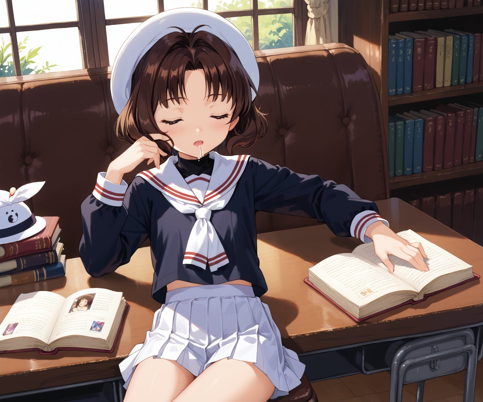 score_9, score_8_up, score_7_up,
,//RikaSasaki, 1990s style, brown hair, short hair, bob cut, brown eyes, flat chest, tiny body,
school uniform, black blouse, white sailor collar, white skirt, short skirt, hat, white hat
,//situations, lLibrary
,//pose, 
sitting in a chair, putting his face on the desk, reading a book, sleeping, drooling
,/LoRA, beautiful_female_fingers, (4_fingers and 1thumb on hand), (correct number of fingers), (beautiful hands), perfect anatomy,