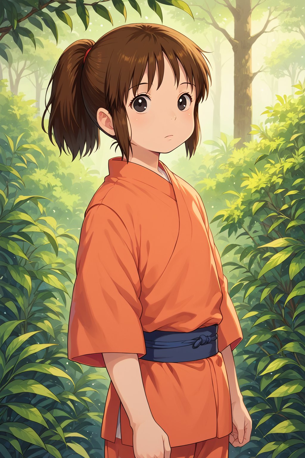  score_9, score_8_up, 1girl, 10 years old, infant body shape, flat chest, No public hair, masterpiece, studio ghibli,chihiro, brown hair, short hair, ponytail, black eyes, japanese clothing, ghibli style,