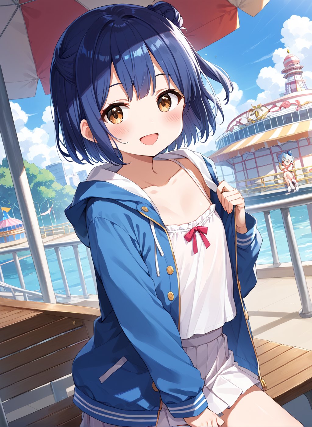 score_9, score_8_up, score_7_up,1girl, myo_chan, tiny, flat chest, one side bun, short cut, navy hair, dark gold eyes, open_mouth, blush, MYO_CHAN, blue hair,
ed fur-trimmed jacket,

playing, in a amusement_park, looking at viewer, blush, charming smile, dynamic angle, 

(((5_fingers))), beautiful_female_fingers, 