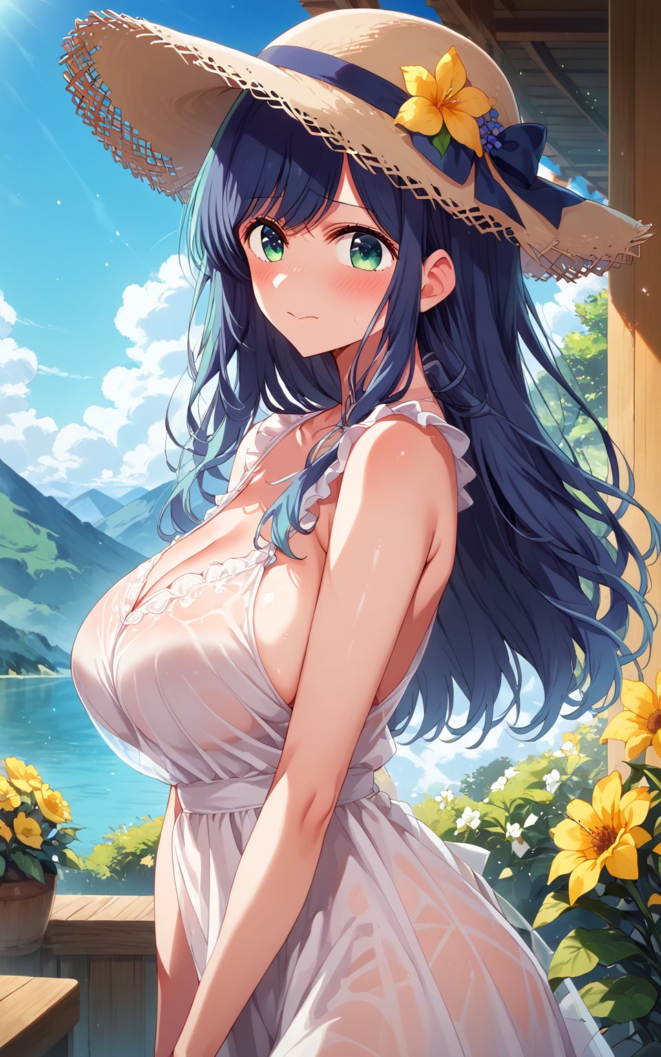 (cute girl:1.2) , shiny skin, rating_safe,expressive eyes, perfect face, illustration,score_9, score_8_up, score_7_up, source_anime, akanekurokawa, akane kurokawa, bangs, green eyes, blue hair, long hair, dark blue hair, big breasts, embarrassed,blush,

white sun Hat, white See-through summer dress,
extreme clear image, lyrical Scene, scenic view, light particles, sunshine, flower, mountain, side view

,beautiful_female_fingers,