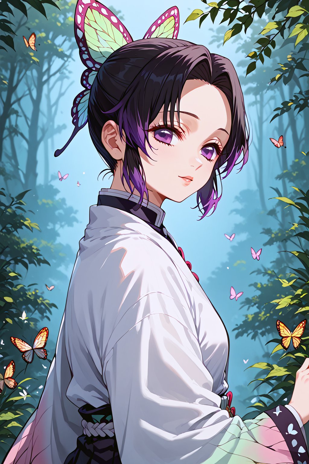 core_9, score_8_up, score_7_up, score_6_up, source_anime,
1girl, shinobu kochou, black hair, butterfly, butterfly hair ornament, butterfly print, forehead, gradient hair, hair ornament, multicolored hair, parted bangs, purple hair, short hair, two-tone hair, round ass, 

head tilt, looking at viewer,cowboy shot, from front,
beautiful_female_fingers,