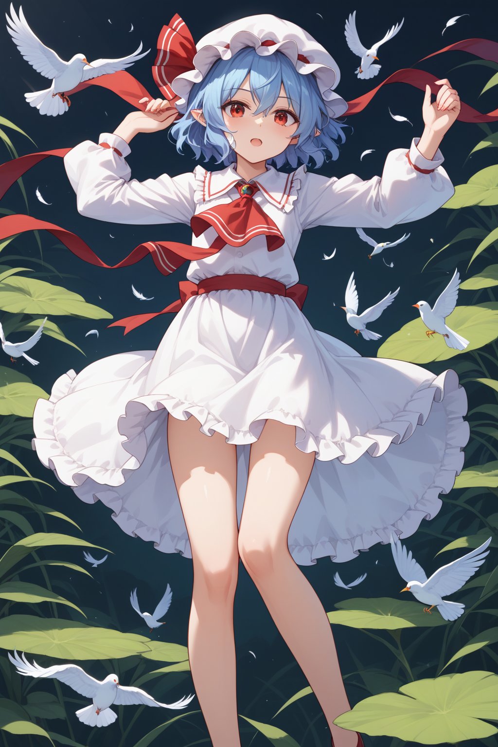 score_9, score_8_up, score_7_up,score_6_up,
,//characters, ayaseena, remilia scarlet,ribbon,pointy ears,blue hair,touhou,,feathers,mob cap,white dress,long sleeves,hat,ascot,short hair, (((tiny body))), flat chest,
,//situations, bird, flying eather, wind, Fluttering
,//pose, 
shy face, Open legs, Place your hands behind your head
,/LoRA, perfect anatomy, beautiful_female_fingers, (correct number of fingers), (5_fingers), (perfect hands),perfecteyes