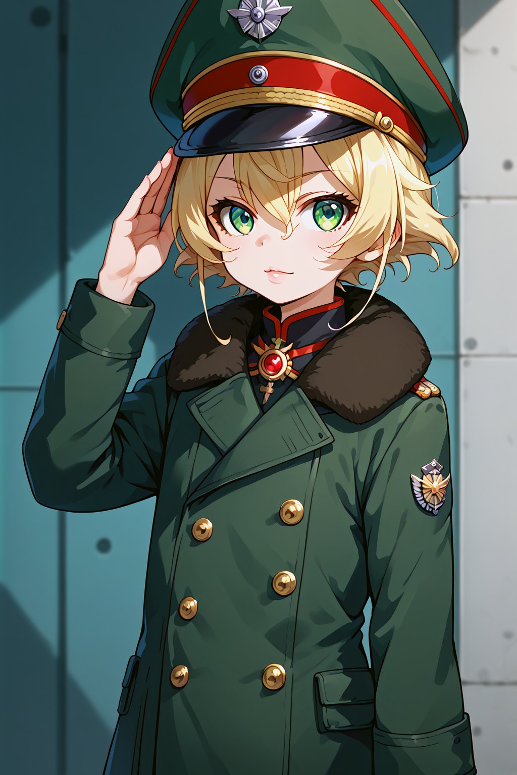 (score_9,score_8,score_7, high_res, best quality, masterpiece, stereogram), ((perfect anatomy)), TanyaDegurechaff,
coat, 1girl, solo, (tiny body), flat chest, short hair, blonde hair, gloves, hat, hair between eyes, green eyes, military, peaked cap, military hat
,
 looking at viewer, salute, control room
,
score_9, source_anime, beautiful_female_fingers, (correct number of fingers, 4_fingers+1_thumb), (perfect hands), perfect anatomy