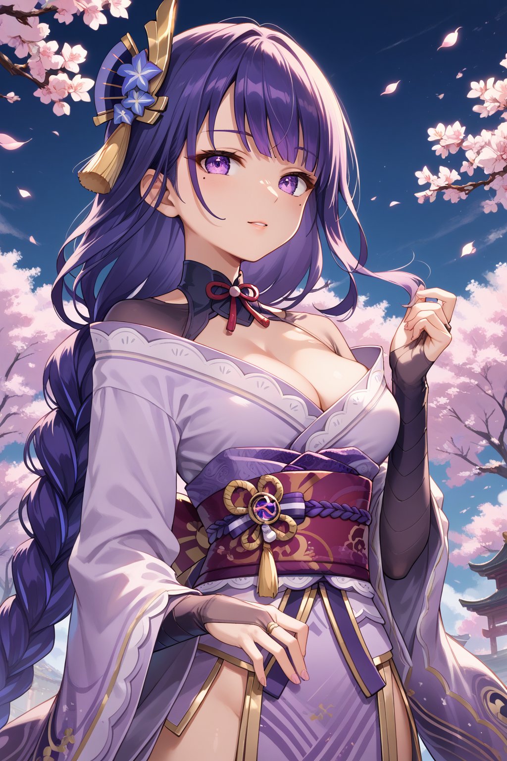 score_9, score_8_up, score_7_up, score_6_up, score_9, score_8_up, score_8, semi realistic, cute Raiden Shogun, 
1girl,mole,braided ponytail,obi,bridal gauntlets,long sleeves,wide sleeves,purple kimono,tassel,obijime,ribbon,obiagesource_anime, 
,
, (5_fingers), perfect hands, beautiful_female_fingers