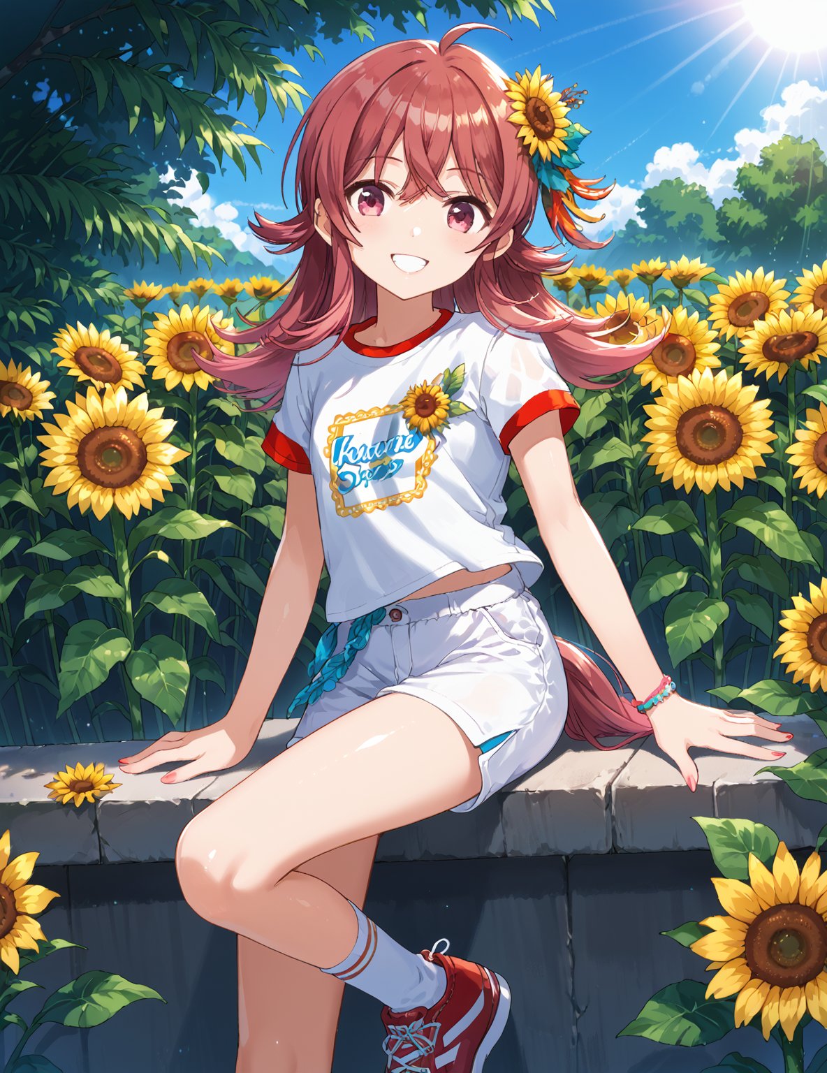 score_9, score_8_up, score_7_up,
,//characters, 1girl, solo, komiya kaho, kaho_pony, shiny skin,
shirt, shoes, short socks, white socks, red footwear, sneakers, white shorts, 
,//situations, Sunflowers, flowers, summer, sunlight, vibrant colors
,//pose, 
Sunflowers, flowers, summer, sunlight, vibrant colors, soft smile, turning around, from behind, close up, face focus, 
,/LoRA, beautiful_female_fingers, (4_fingers and 1thumb on hand), (correct number of fingers), (perfect hands), perfect anatomy,