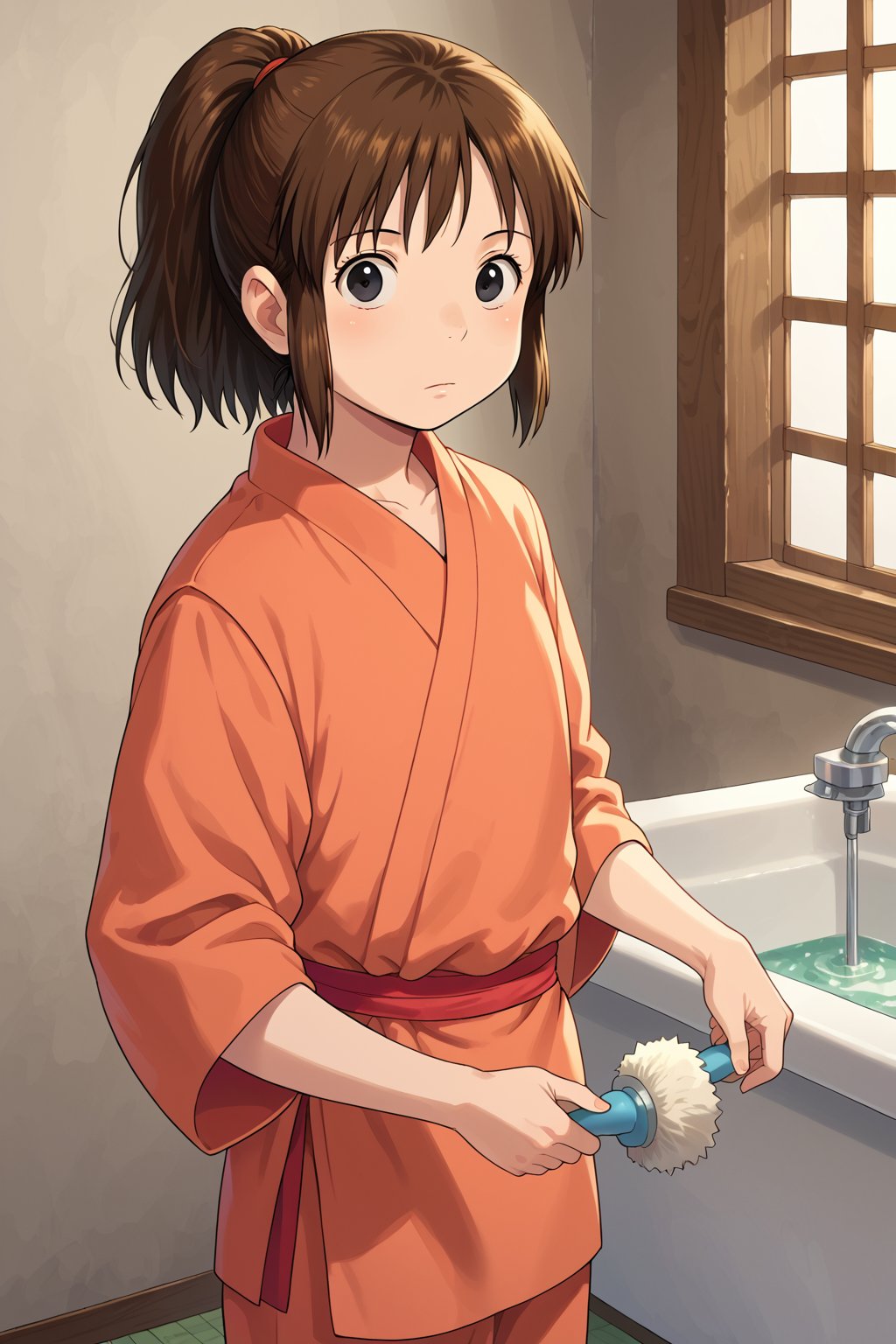  score_9, score_8_up, 1girl, 10 years old, infant body shape, flat chest, No public hair, masterpiece, studio ghibli,chihiro, brown hair, short hair, ponytail, black eyes, japanese clothing, ghibli style,

ryokan, spa cleaning