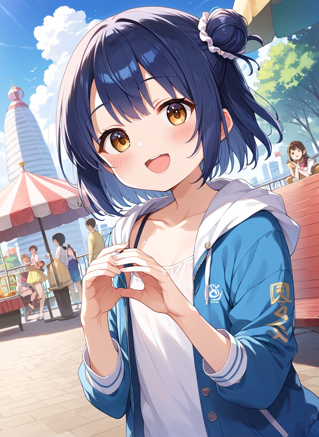 score_9, score_8_up, score_7_up,1girl, myo_chan, tiny, flat chest, one side bun, short cut, navy hair, dark gold eyes, open_mouth, blush, MYO_CHAN, blue hair,
ed fur-trimmed jacket,

playing, in a amusement_park, looking at viewer, blush, full smile, dynamic angle, 

(((5_fingers))), beautiful_female_fingers, 