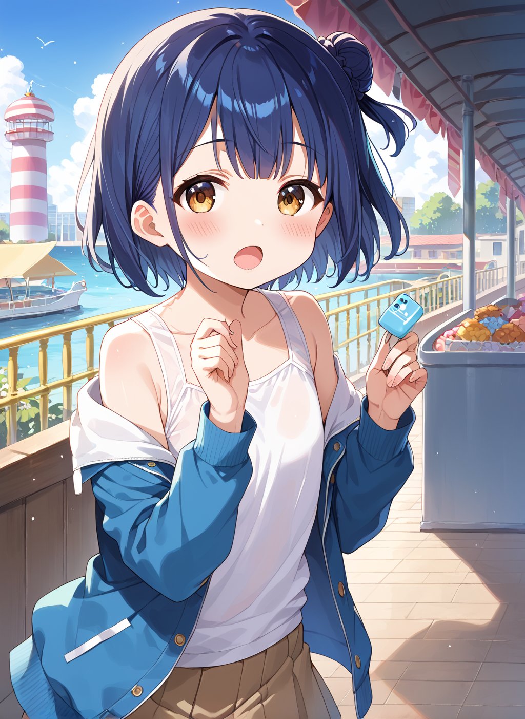 score_9, score_8_up, score_7_up,1girl, myo_chan, tiny, flat chest, one side bun, short cut, navy hair, dark gold eyes, open_mouth, blush, MYO_CHAN, blue hair,
ed fur-trimmed jacket,

playing, in a amusement_park, looking at viewer, blush, open mouth, dynamic angle, 

(((5_fingers))), beautiful_female_fingers, 