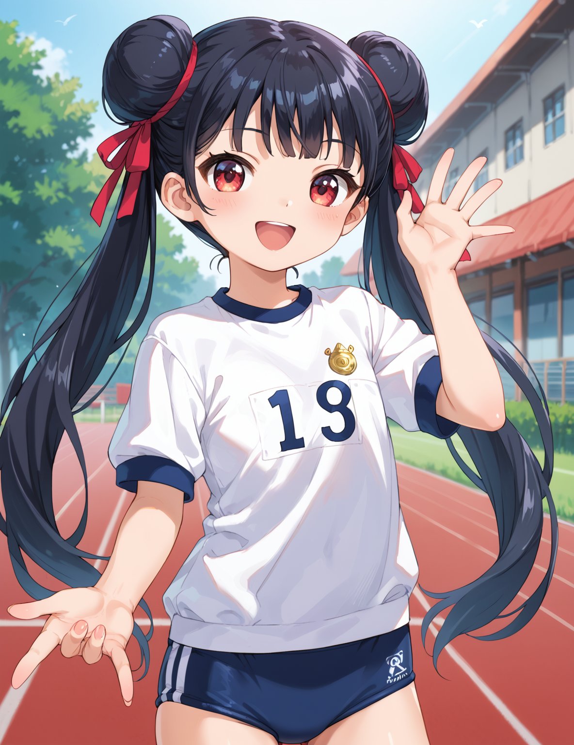 score_9, score_8_up, score_7_up,
,//characters, 1girl, solo, li meiling, black hair, very long hair, twintails, double bun, red eyes, loli, flat chest,
gym uniform, gym shirts, t-shirts, buruma,
,//situations, school slayground, super wide angle shooting, panoramic, High depth of field, bright light,
,//pose, 
,smiling, very happy, spin, jump, open_mouth
,/LoRA, beautiful_female_fingers, (4_fingers and 1thumb on hand), (correct number of fingers), (perfect hands), perfect anatomy,