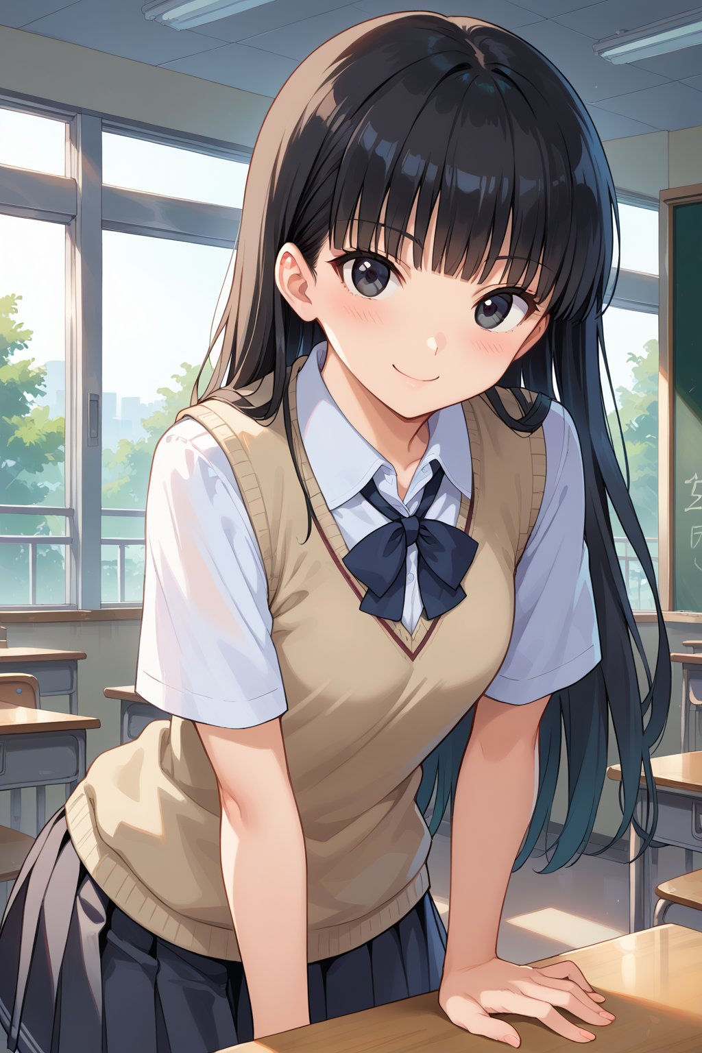 score_9, score_8_up, score_7_up,source_anime,
beautiful, source_anime,
tsukasa ayatsuji, black hair, long hair, black eyes, bangs, blunt bangs, beautiful_female_fingers,
smile, blush,

,kibito high school uniform, school uniform, sweater vest,indoors, classroom, bent over,looking at viewer, dutch angle, cowboy shot,