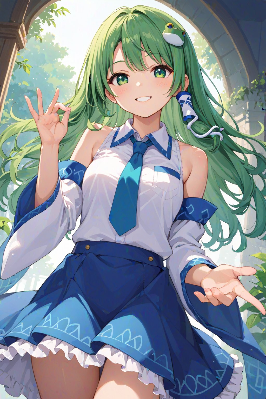 score_9,score_8_up,score_7_up,source_anime, ,rating_explicit,High quality,Ultra detailed,best quality, insanely detailed, beautiful, masterpiece,prefect lighting, perfect anatomy ,delicate body,
kochiya sanae, 1girl, green hair, long hair, green eyes,
frog hair ornament, hair tubes, snake hair ornament, collared shirt, white shirt, detached sleeves, wide sleeves, blue skirt, frilled skirt,
,
smile, dynamic pose, dynamic angle, cowboy shot
,
beautiful_female_fingers, (correct number of fingers, 4_fingers and 1thumb on hand), perfect anatomy,perfecteyes