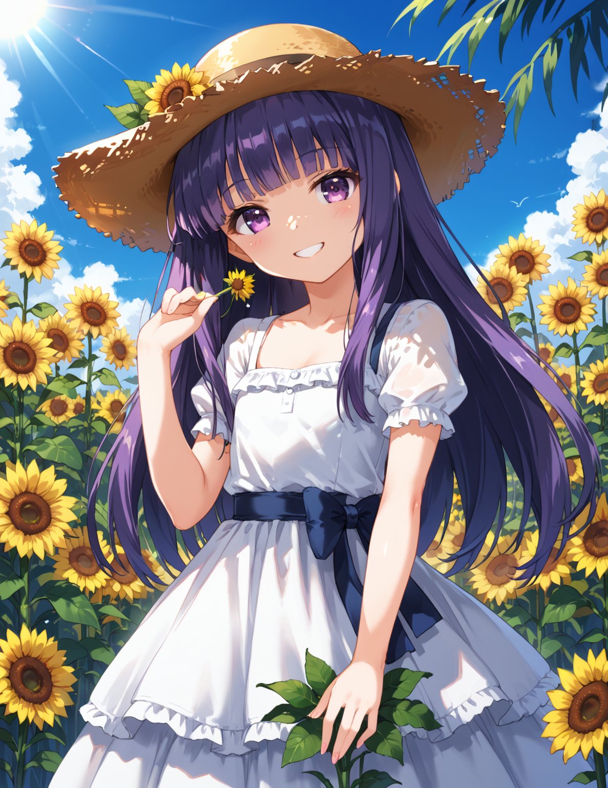 score_9, score_8_up, score_7_up,
,//characters, 1girl, furuderika_pony, purple hair, flat_chest, shiny skin,
Straw hat, white dress, short sleeves,
,//situations, Sunflowers, flowers, summer, sunlight, vibrant colors
,//pose, 
Sunflowers, flowers, summer, sunlight, vibrant colors, tilt head, soft smile
,/LoRA, beautiful_female_fingers, (4_fingers and 1thumb on hand), (correct number of fingers), (perfect hands), perfect anatomy,