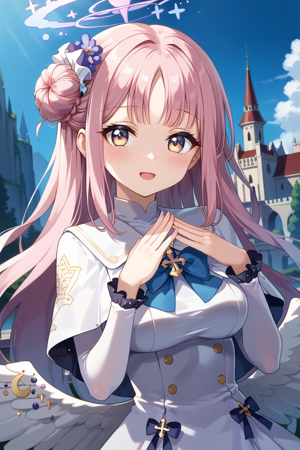 masterpiece, best quality, ultra-detailed, perfect anatomy, High detailed, detailed background, beautiful face, 
,//characters, 1girl, solo, mika-default, mika \(blue archive\), yellow eyes, single hair bun, pink hair, long hair, halo, white dress, capelet, wings, white pantyhose, high heels,
extremely pretty face, beautiful face, ultra-detaild face, cute face, shiny hair, ultra-detailed eyes, big eyes, droopy eyes, (eyelid:0.0), (perfect eyelid), beautiful eyebrow, (eyelashes:0.4), Bishojo, beautiful nose, perfect face, open_mouth, blush, 
,//situations, beautiful scene, cyber castle, light particle
,//pose, 
a girl, open arms for viewer ,datch angle, cowboy shot, face focus, ((upper body)),
,/LoRA, beautiful_female_fingers, perfect anatomy, correct number of fingers, 5_fingers, perfect hands, beautiful hands, Expressiveh,concept art,reset_Kalar, himegasakisakurako, furuderika_pony,totori_pony,tillday_shape, Urza_Planeis, tsukiko, majin_hornet