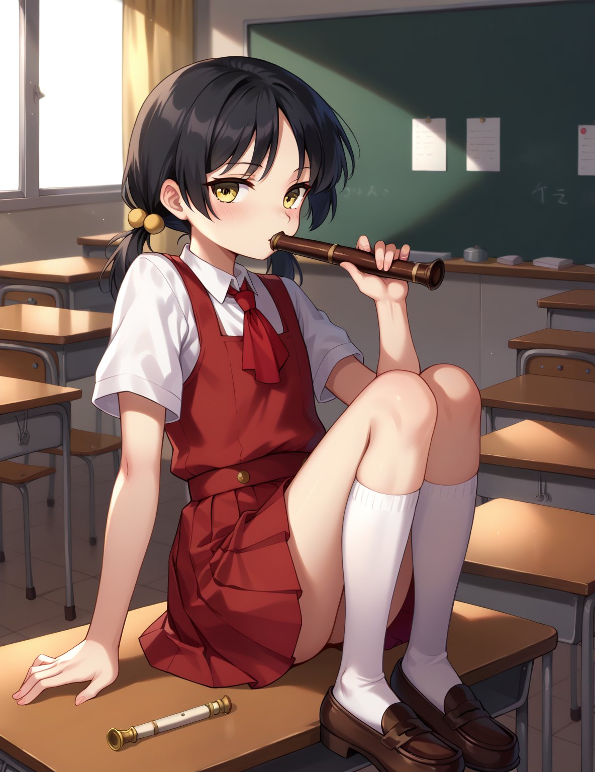 score_9,score_8_up,score_7_up,source_anime,
,//characters, 1girl, kaaiyuki-default, kaai yuki,yellow eyes, black hair,short low twintails, flat chest, flat color
 pinafore dress,pleated skirt,white socks,loafers
,//situations,
school setting, at school, classroom
,//pose,
playing vertical flute, sitting on desk, from side, leaning back
,/LoRA,
beautiful_female_fingers, perfect anatomy, beautiful hands, Expressiveh,concept art,reset_Kalar, furuderika_pony,totori_pony, tillday_shape,  urza_planeis, dark theme