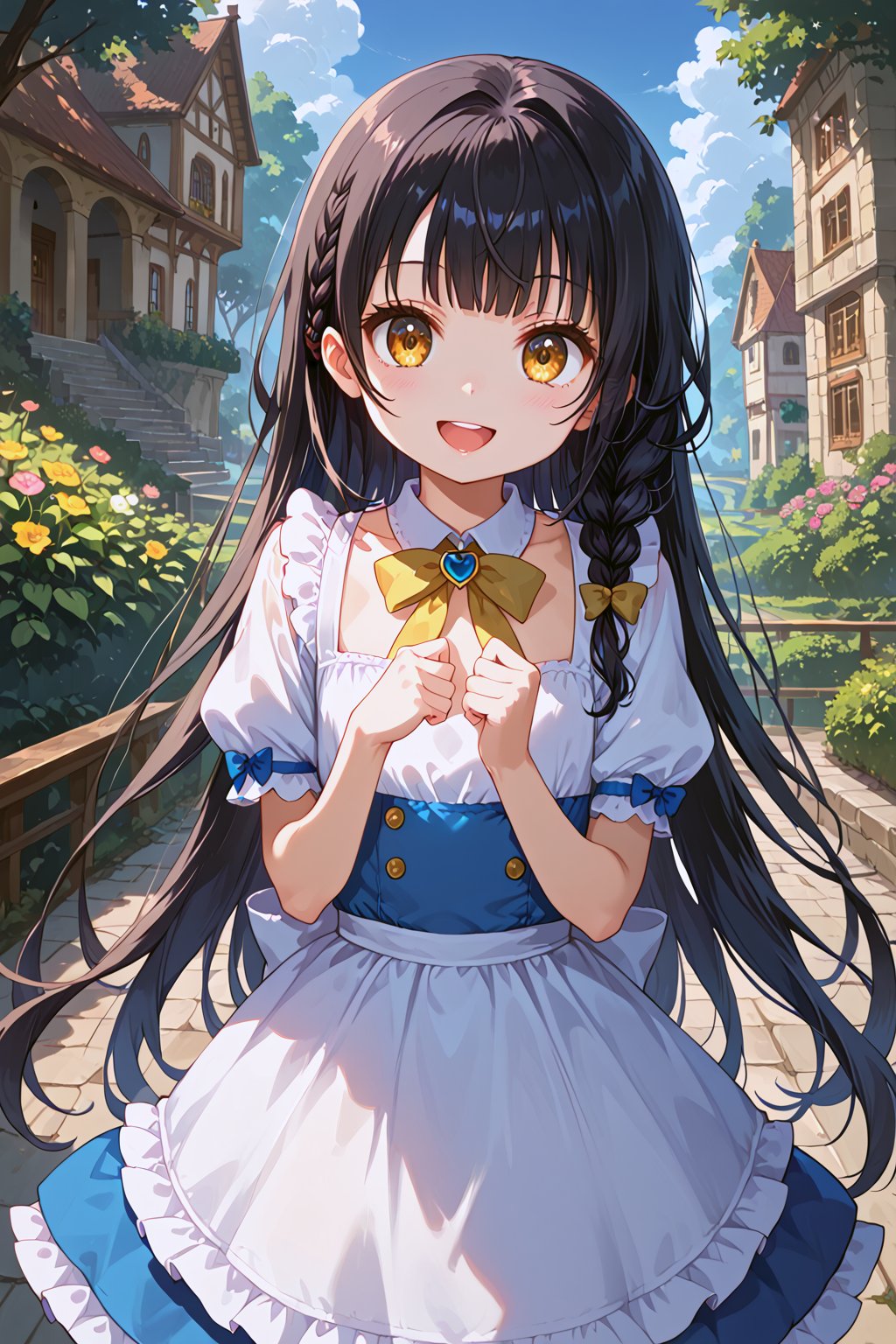 masterpiece, best quality, ultra-detailed, perfect anatomy, High detailed, detailed background, beautiful face,  Uncensored, Claudia, nanasemei, nonomiyatsugumi,

(((a very young child))), infant body shape, flat chest, No public hair, extremely pretty face, beautiful face, ultra-detaild face, cute face, black hair, (((long hair))), bangs, single side braid, gold ribbon, ultra-detailed eyes, gold eyes, round eyes, big eyes, droopy eyes, beautiful eyebrow, (eyelashes:0.4), Bishojo, beautiful nose,

Alice in Wonderland style outfits,
cute pose, blush, full smile, open mouth, dreamy landscape, dynamic angle, 

score_9, score_8_up, score_7_up,Expressiveh, concept art, dark theme, beautiful_female_fingers,a0b,outdoors,scenery