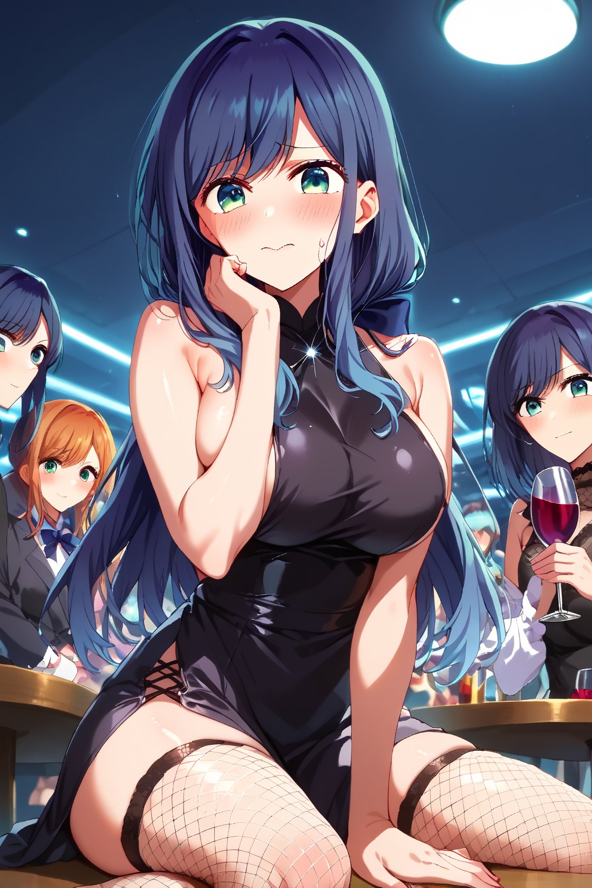 (cute girl:1.2) , shiny skin, rating_safe,expressive eyes, perfect face, illustration,score_9, score_8_up, score_7_up, source_anime, akanekurokawa, akane kurokawa, bangs, green eyes, blue hair, long hair, dark blue hair, big breasts, embarrassed,blush,

black dress, high stockings, fishnet, makeup,  side boob, crowded, group, night club, front view, from below, sitting on table, wine

,5_fingers, beautiful_female_fingers,