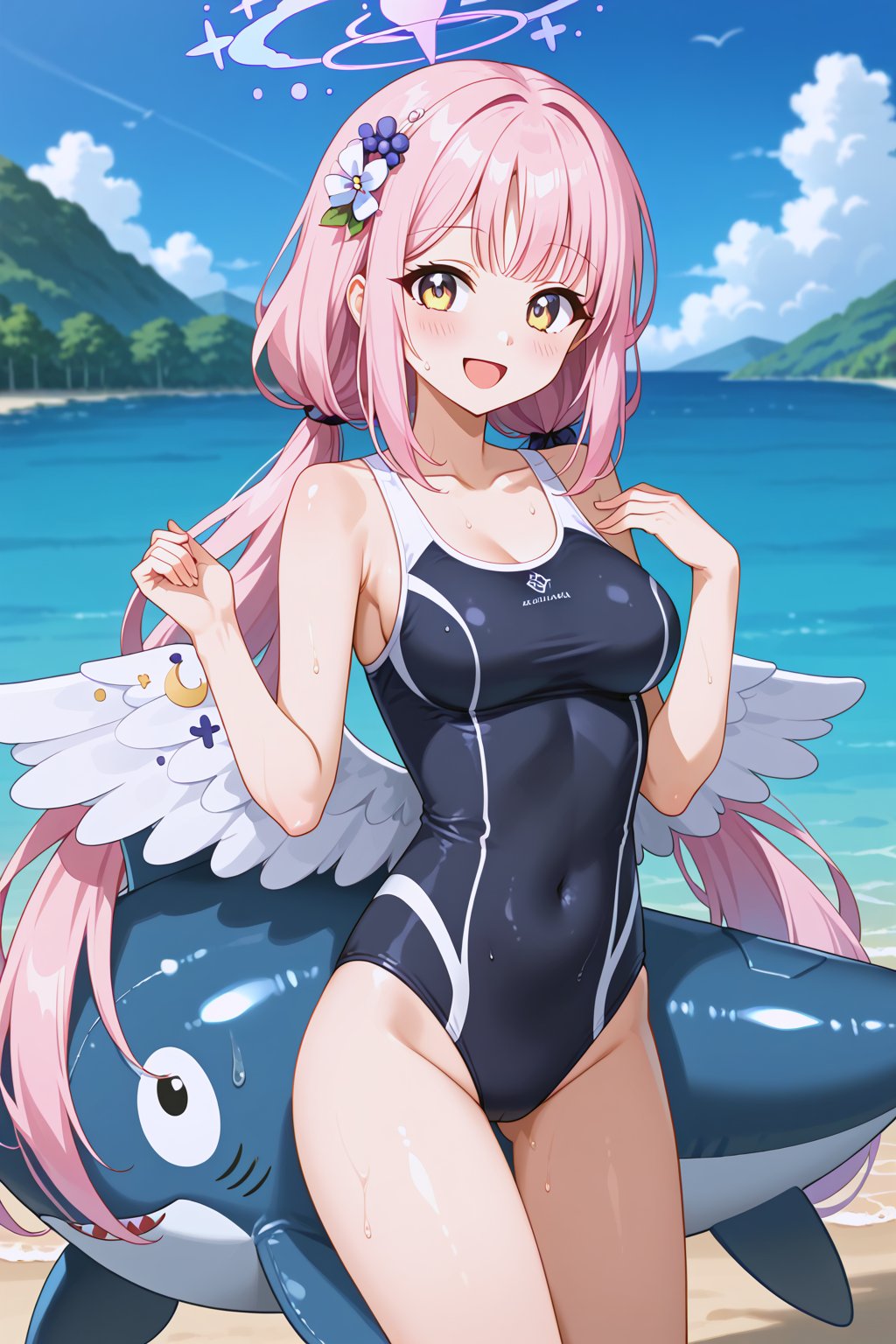 masterpiece, best quality, ultra-detailed, perfect anatomy, High detailed, detailed background, beautiful face, 
,//characters, 1girl, solo, ,//characters, 1girl,mika-swim, high ponytail, mika \(blue archive\), yellow eyes, pink hair, long hair, halo, wings, extremely pretty face, beautiful face, ultra-detaild face, cute face, shiny brown hair, medium hair, low twintails, hairpin, ultra-detailed eyes, big eyes, droopy eyes, dark brown eyes, (eyelid:0.0), (perfect eyelid), beautiful eyebrow, (eyelashes:0.4), Bishojo, beautiful nose, perfect face, big smile, open_mouth, blush, 
one-piece swimsuit

,//situations, in sea, in ocean,  ocean backgrounds, face lighting,
,//pose, 
a girl, holding inflatable shark, sweat, open_mouth, smile,
,/LoRA, beautiful_female_fingers, perfect anatomy, correct number of fingers, 5_fingers, perfect hands, beautiful hands, Expressiveh,concept art,reset_Kalar, himegasakisakurako, furuderika_pony,totori_pony,tillday_shape, Urza_Planeis, tsukiko, majin_hornet