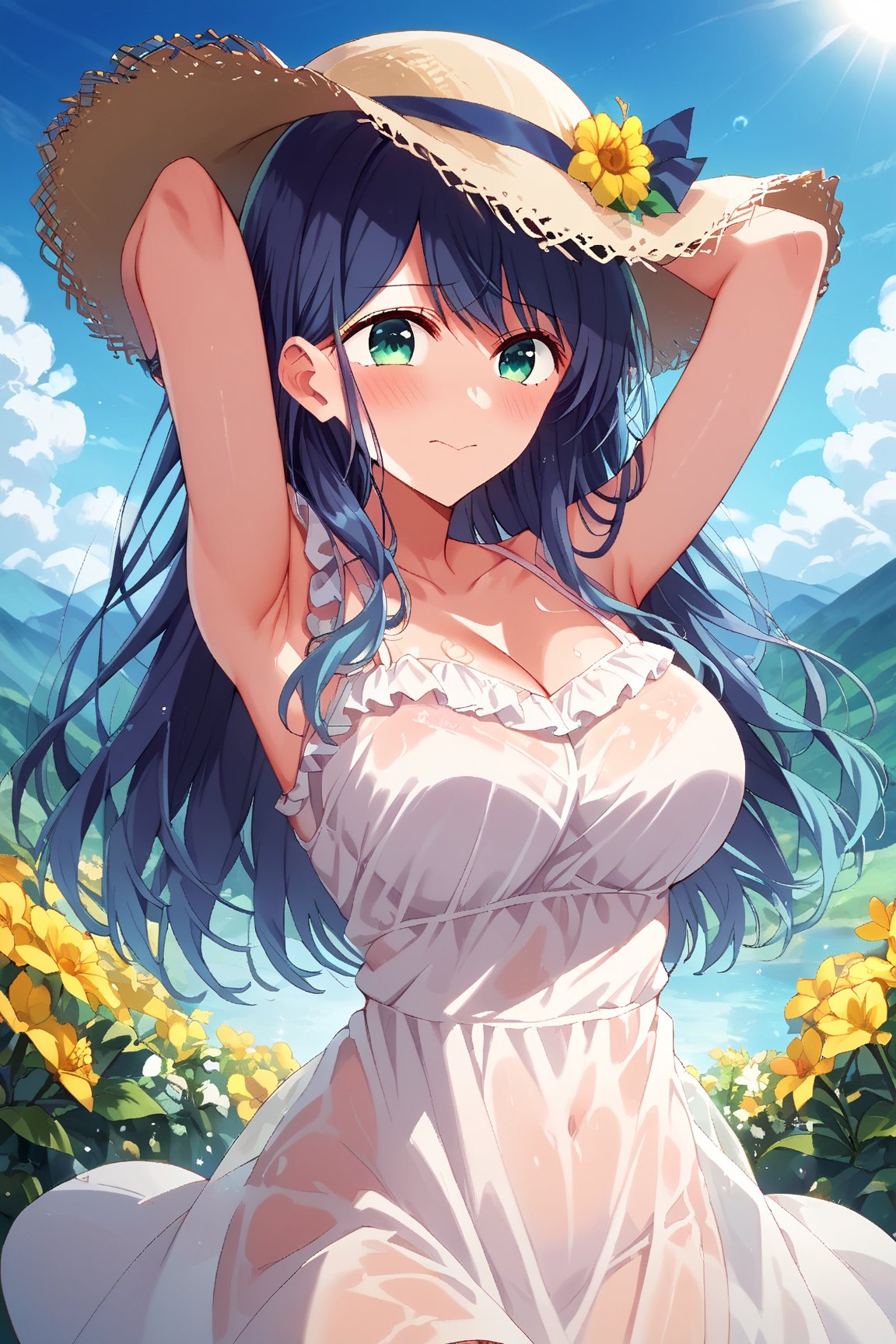 (cute girl:1.2) , shiny skin, rating_safe,expressive eyes, perfect face, illustration,score_9, score_8_up, score_7_up, source_anime, akanekurokawa, akane kurokawa, bangs, green eyes, blue hair, long hair, dark blue hair, big breasts, embarrassed,blush,

white sun Hat, white See-through summer dress,
extreme clear image, lyrical Scene, scenic view, light particles, sunshine, flower, mountain, arms up

,beautiful_female_fingers,