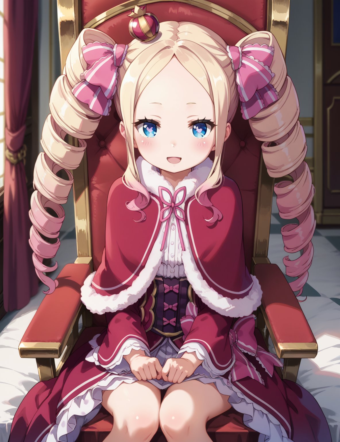 source_anime, score_7_up, score_8_up, score_9_up, perfect anatomy, beautiful_female_fingers,

Betty, 1girl, drill hair, blonde hair, solo, blue eyes, crown, twin drills, long hair, ribbon, sidelocks, symbol-shaped pupils, mini crown, capelet, fur trim, hair ribbon, looking at viewer, fur-trimmed capelet, red capelet, twintails, multicolored hair, closed mouth, pink hair, pink ribbon, gradient hair, blush, (flat chest:1.4), (Petite:1.4), open mouth,

indoors, smile, looking at viewer, solo,
blush, cute pose,  sitting on throne, dynamic angel