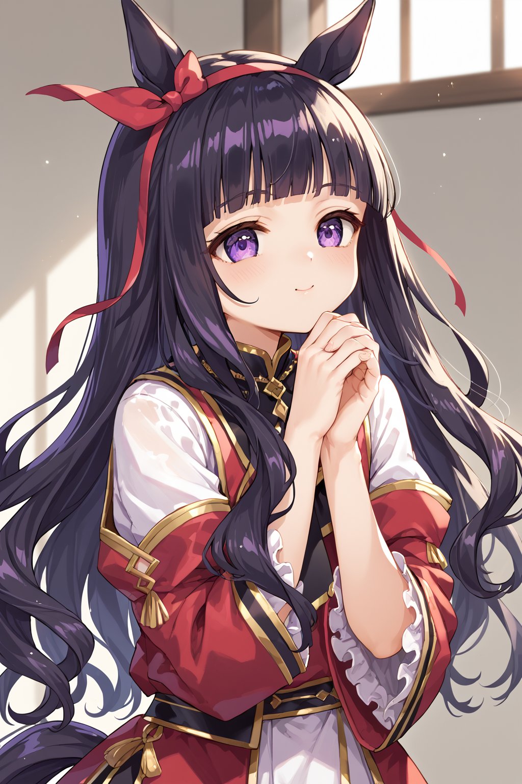 score_9, score_8_up, score_7_up, BREAK,1girl,loli, daidouji tomoyo, black hair, long hair, blunt bangs, hairband, long hair, purple eyes,horse_ears, horse tail,

cute pose, umamusume_style, 

,beautiful_female_fingers