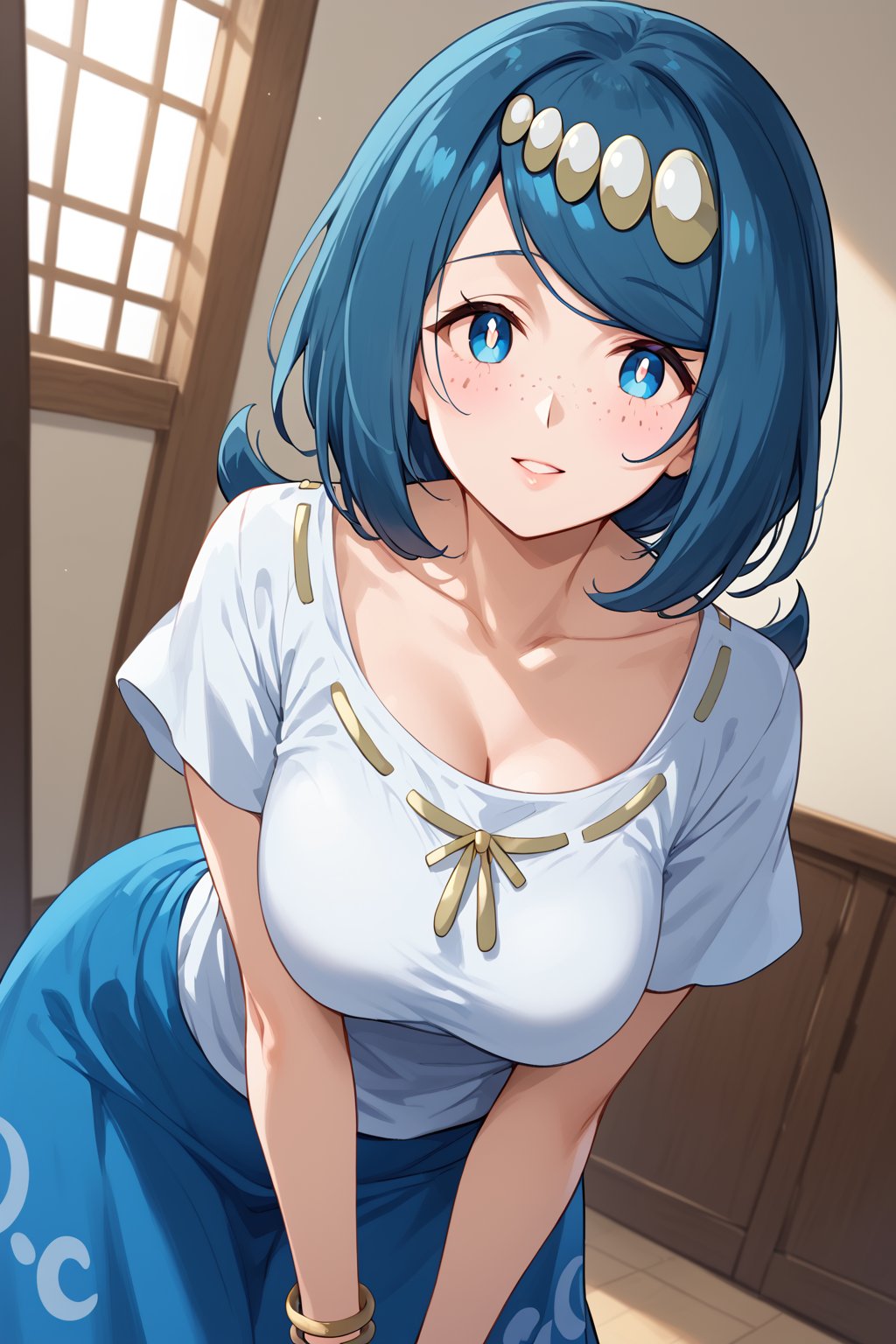 (score 9, score 8 up, score_7_up, source anime,
pokemonmotherlana, pokemonmotherlana, blue eyes, blue hair, freckles, hair ornament, long hair, swept bangs, bright pupils,blouse, blue skirt, bracelet, collarbone, dress, jewelry, long skirt, shirt, short sleeves, skirt, white shirt,indoors, bent over,looking at viewer, cowboy shot, dutch angle,
