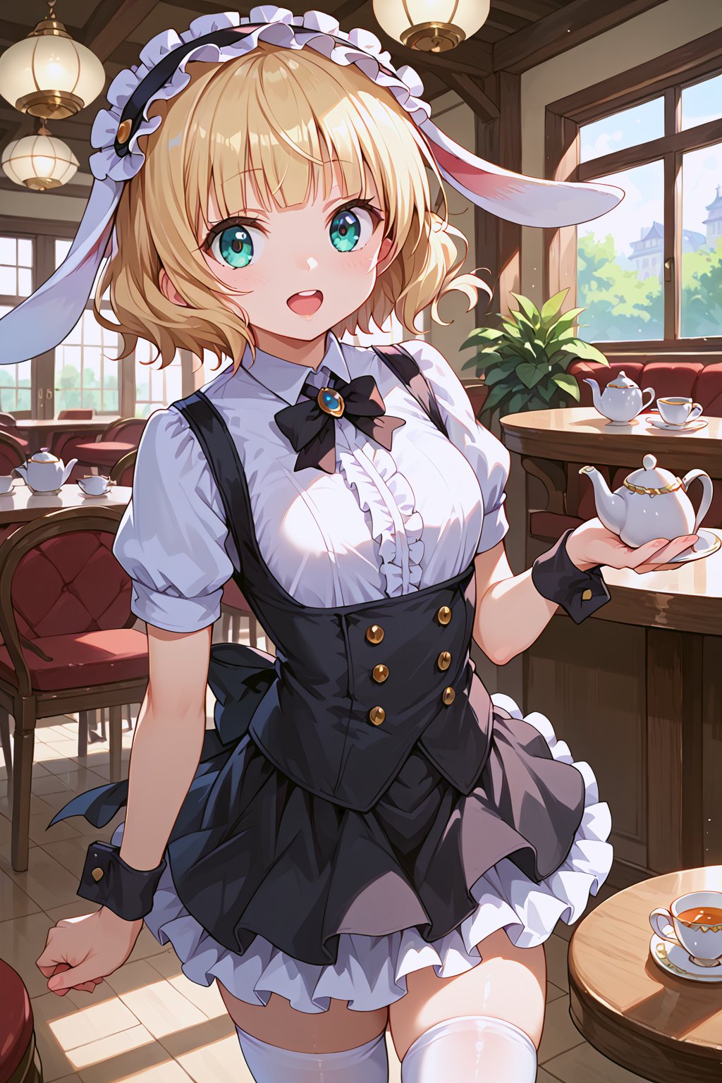 (masterpiece, best quality, ultra-detailed, 8K),best quality, anime style, 
score_9, score_8_up, score_7_up,

1girl, solo, kirima, big eyes, frilled skirt, frilled shirt, frilled hairband, black skirt, center frills, wrist cuffs, white thighhighs, rabbit ears, looking at viewer, standing, indoors, open mouth, 

cafe, rabbit, tea, teapot, more detailed, dynamic angle