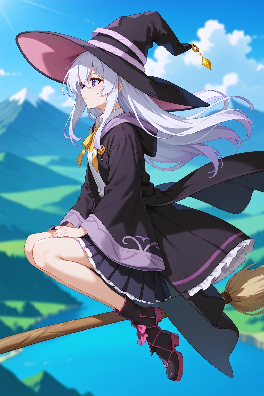 score_9,score_8_up,score_7_up,1girl,  solo, absurdres, beautiful detailed background, depth of field,
,//characters, 1girl, solo, elaina \(majo no tabitabi\), purple eyes, grey hair, white hair, long hair,
elaina-default, witch hat, collared shirt, robe, wide sleeves, pleated skirt, frilled skirt, pointy footwear
,//situations, sky, clowd, mountain
,//pose,
sitting on Flying Broom, from side, side view, (profile:0.4)
,/LoRA, 
beautiful_female_fingers, perfect anatomy, correct number of fingers, (4_fingers and 1thumb on hand), perfect hands, beautiful hands, Expressiveh,concept art,reset_Kalar, furuderika_pony,totori_pony,tillday_shape, Urza_Planeis, tsukiko, majin_hornet