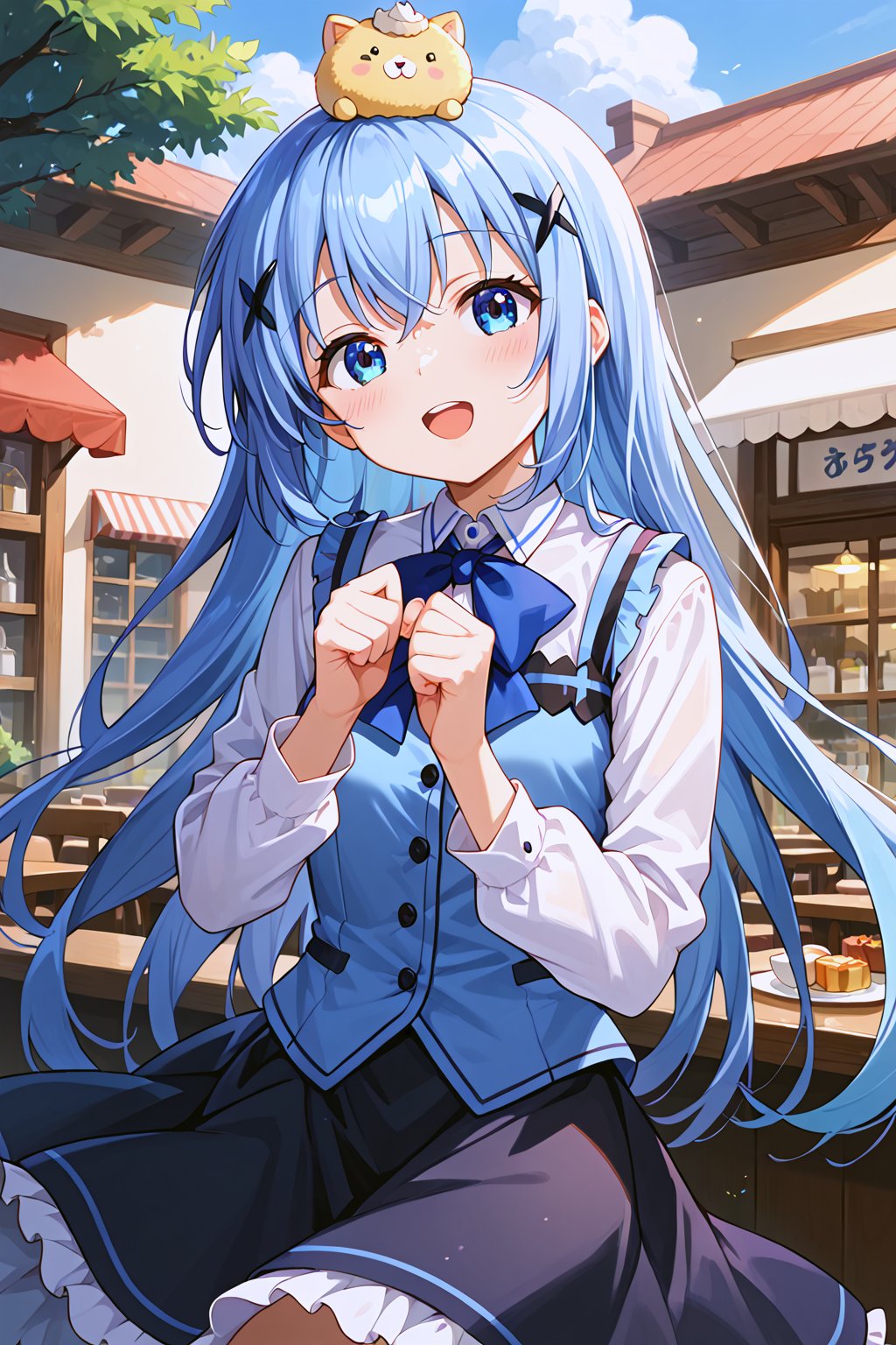 (masterpiece, best quality, ultra-detailed, 8K),best quality, anime style, 
score_9, score_8_up, score_7_up, perfect anatomy, (4_fingers+1thumb on hand), perfect hands,beautiful_female_fingers,

1girl, solo,ct_ch1no, periwinkle hair, blue vest, collared shirt, black skirt, long sleeves, blue bowtie, animal on head, gochiusa, beautiful_female_fingers,Expressiveh, :o, blush, 

cafe, jumping, cute pose, more detailed, dynamic angle