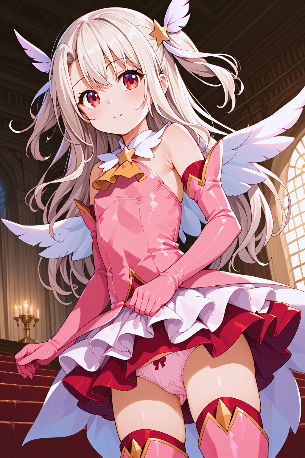 masterpiece, best quality, ultra-detailed, perfect anatomy, High detailed, detailed background, beautiful face,  Uncensored,

1girl, tiny body, flat chest, white hair, red eyes, big eyes, long hair, twin tails, hair ornament, feathers, pink dress, elbow gloves, magical girl, pink thigh Boots,standing, panties,
looking at viewer, 

indoors,  mansion, dutch angle , cowboy shot, from front,

,beautiful_female_fingers,perfect hands,detailed hands,beautiful hands
, score_9, score_8_up, score_7_up, score_6_up, score_5_up, score_4_up, BREAK source_anime, masterpiece