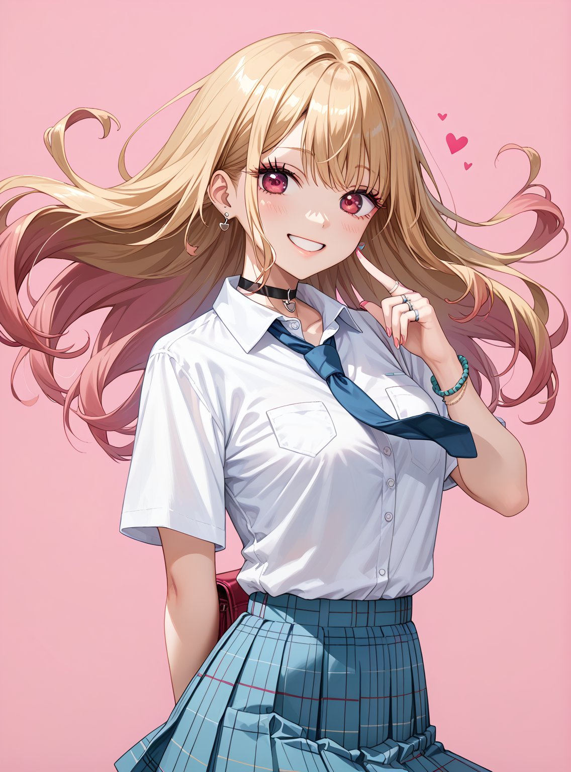 score_9, score_8_up, score_7_up, source_anime, perfect anatomy,
,//characters, marin kitagawa,long hair,bangs,blonde hair,red eyes,multicolored hair
skirt, shirt, jewelry, school uniform, white shirt, pleated skirt, earrings, necktie, choker, bracelet, blue skirt, plaid, black choker, plaid skirt, ring on finger
,//situations, pink background, (floating heart :1.9), 
,//pose, a girl, kind smile, looking at viewer, arms behind back
,/LoRA, perfect anatomy, beautiful_female_fingers, (correct number of fingers), 5_fingers, (perfect hands),perfecteyes,