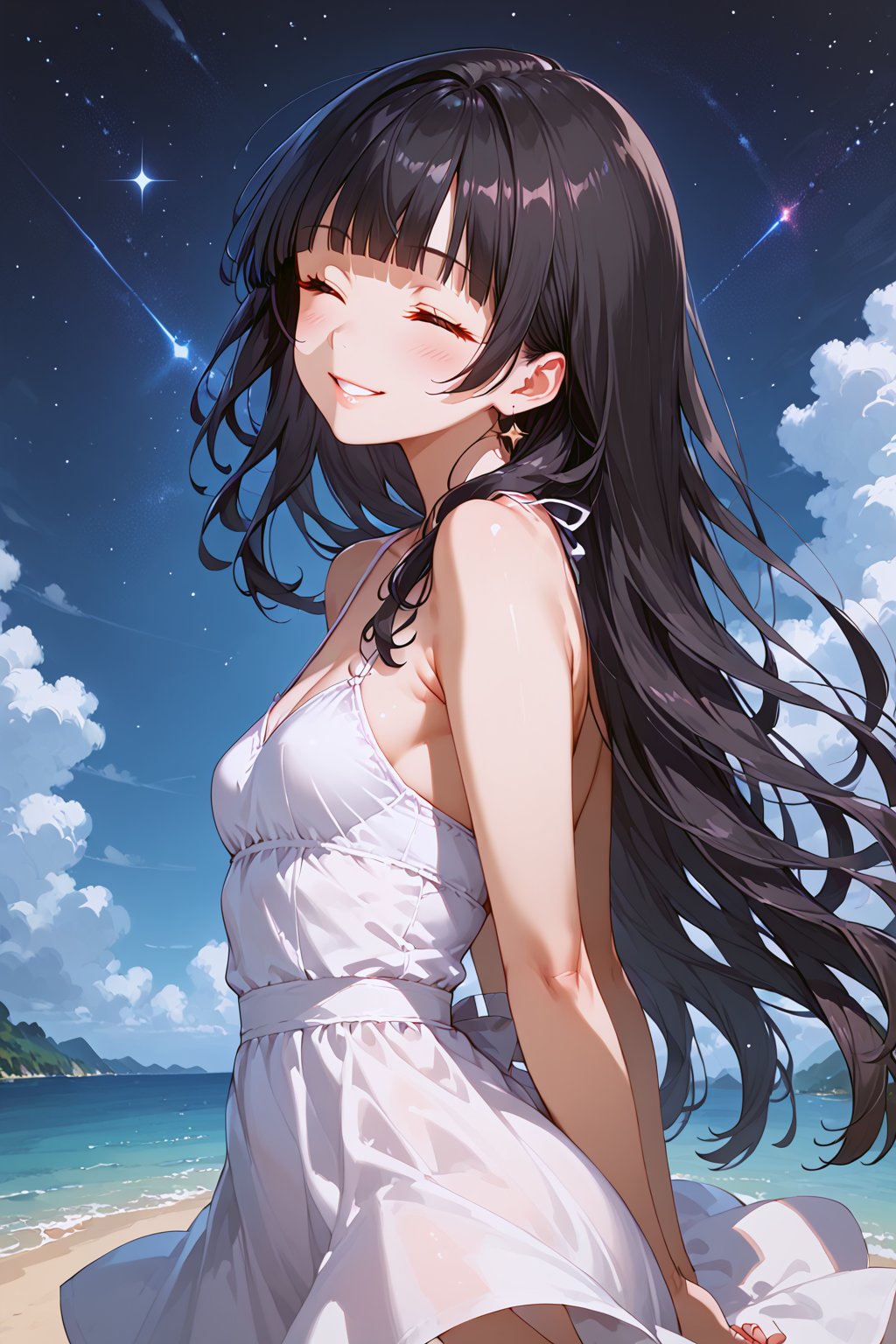 masterpiece, best quality, ultra-detailed, perfect anatomy, High detailed, detailed background, beautiful face, Claudia, nanasemei, nonomiyatsugumi,

a girl, small breasts, No public hair, extremely pretty face, beautiful face, ultra-detaild face, cute face,  black hair, long hair, blunt bangs, straight hair, ultra-detailed eyes, black eyes, beautiful eyebrow, (eyelashes:0.4), Bishojo, beautiful nose, parted_lips, happy expression, blush, smile, datch angle, cowboy shot,

summer dress, face waiting for kiss, closed eyes, arms behind back, solo,closeup, starry sky, midnight,

,beautiful_female_fingers,
,score_9, score_8_up, score_7_up,Expressiveh, concept art, Anime ,hentai, dark theme,