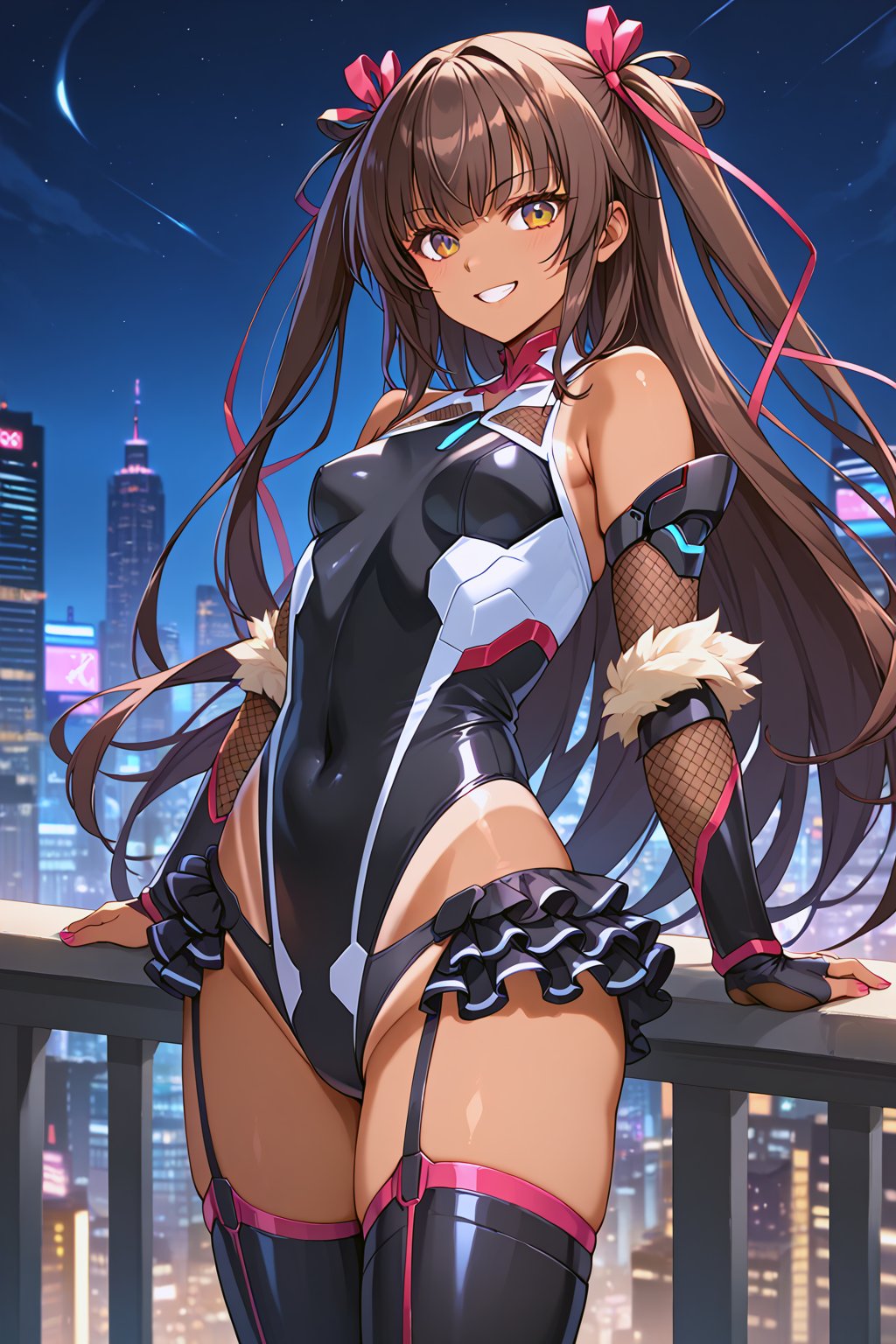 (score_9,score_8,score_7, high_res, best quality, masterpiece, stereogram), ((perfect anatomy)), (1girl, defYuki, (((small breasts))), tan, brown hair, two side up, hair ribbon, anlines, ,beautiful_female_fingers,perfect hands, 
,
black leotard, bare shoulders, detached sleeves, frilled leotard, tanlines, fishnets, elbow gloves, black thighhighs, upper body, city, night sky, cyberpunk, smirk, looking at you