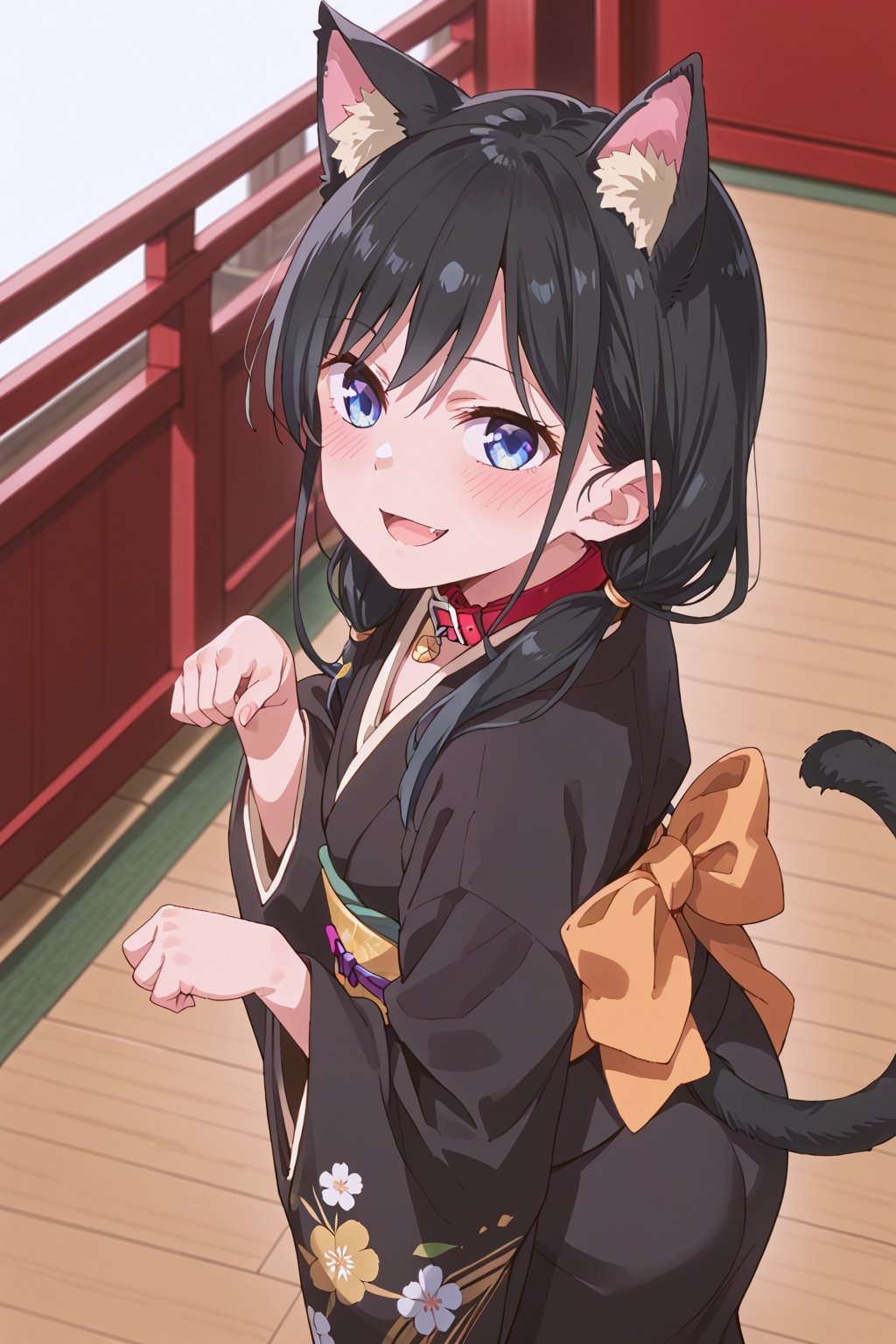 score_9, score_8_up, score_7_up, source_anime,nanakura rin, black hair, blue eyes, long hair, 1girl, solo, low twintails, blush, open mouth, nanakura rin,

,4fingers and 1thumb on hand, beautiful_female_fingers,beautiful hands,

1girl, catgirl, cat ears, dark fur, collar, kimono, blushing, looking back, smirking, from above, paw pose,