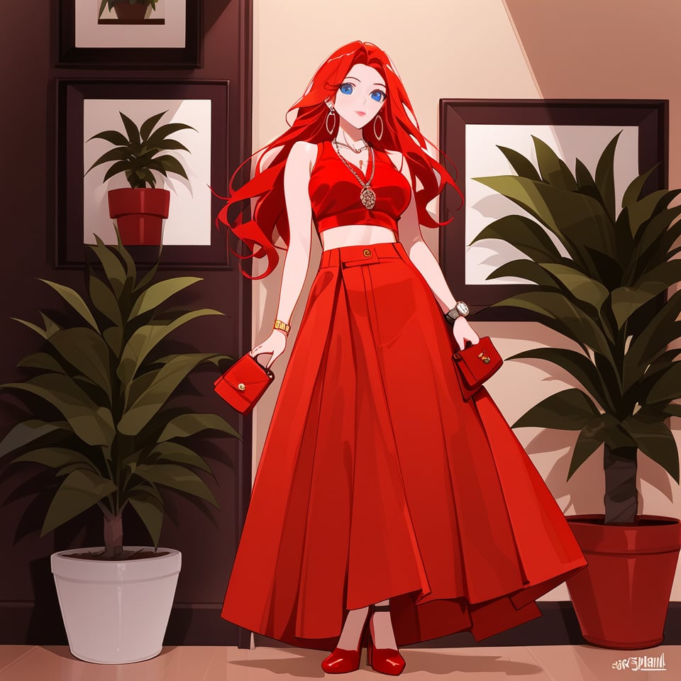 1girl, solo, long hair, red skirt, red hair, holding, jewelry, standing, full body, shoes, sleeveless, indoors, hand up, bag, bracelet, crop top, plant, denim, red footwear, red shirt, long skirt, watch, handbag, wristwatch, potted plant, wide shot, photo background, sexy,fflixmj6,more detail XL