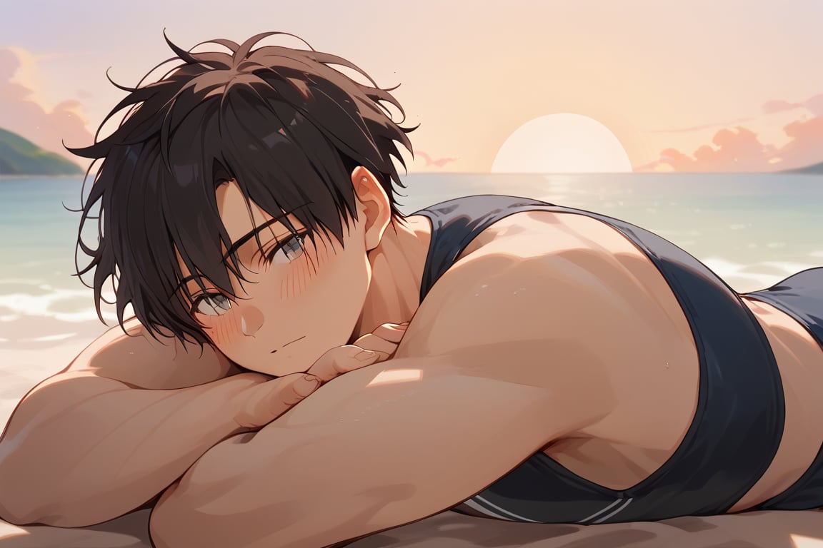 Score_9, Score_8_up, Score_7_up, Score_6_up, Score_5_up, Score_4_up,a man black hair
man lying on the beach, sunset, swimsuit, sexy, blushing,

,stark_sousou_no_frieren