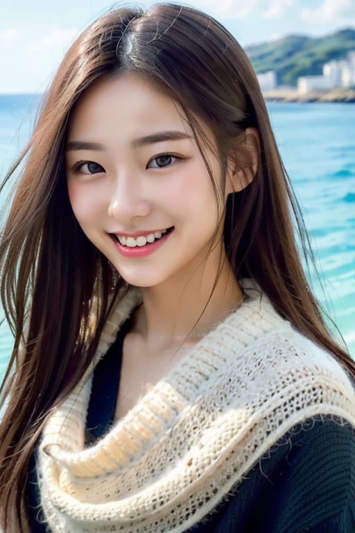 ((Best quality, 8k, Masterpiece :1.3)), sexywoman, 1girl, ,beautiful young attractive asianteenage girl, City girl, 18 years old, cute, international model,  High Ponytail  Hair , Young beauty spirit ,colorfulPoncho-style Sweater, 	by the sea, ultra-detailed face,Giddy Smile, highly detailed lips, detailed eyes,