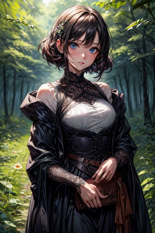 (nostrils:1.3), (anime, masterpiece, intricate:1.3), (best quality, hires textures, high detail:1.2), (4k),(incredibly detailed:1.4)
A woman standing in a forest, with many trees and flowers, is dressed in medieval women's clothing.
,more detail XL,nodf_xl,Detailedface,perfecteyes,nodf_lora,1 girl,DarkTheme,blue eyes,perfect light,milf,(masterpiece, best quality:1.5)