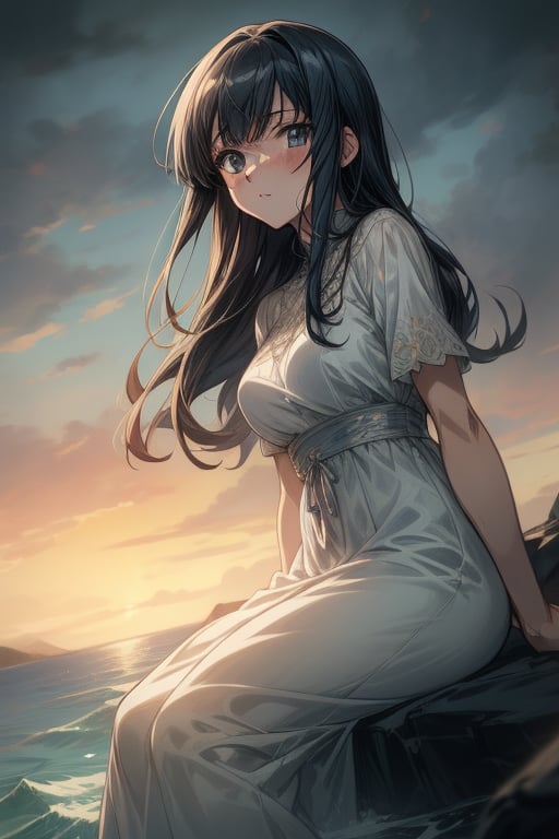 (anime, masterpiece, intricate:1.3), (best quality, hires textures, high detail:1.2), (4k),(incredibly detailed:1.4) A woman in a long white dress sits on a rock, gazing out to sea. The sky is dark and cloudy, and the waves crash against the rocks with force,more detail XL,nodf_xl,Detailedface