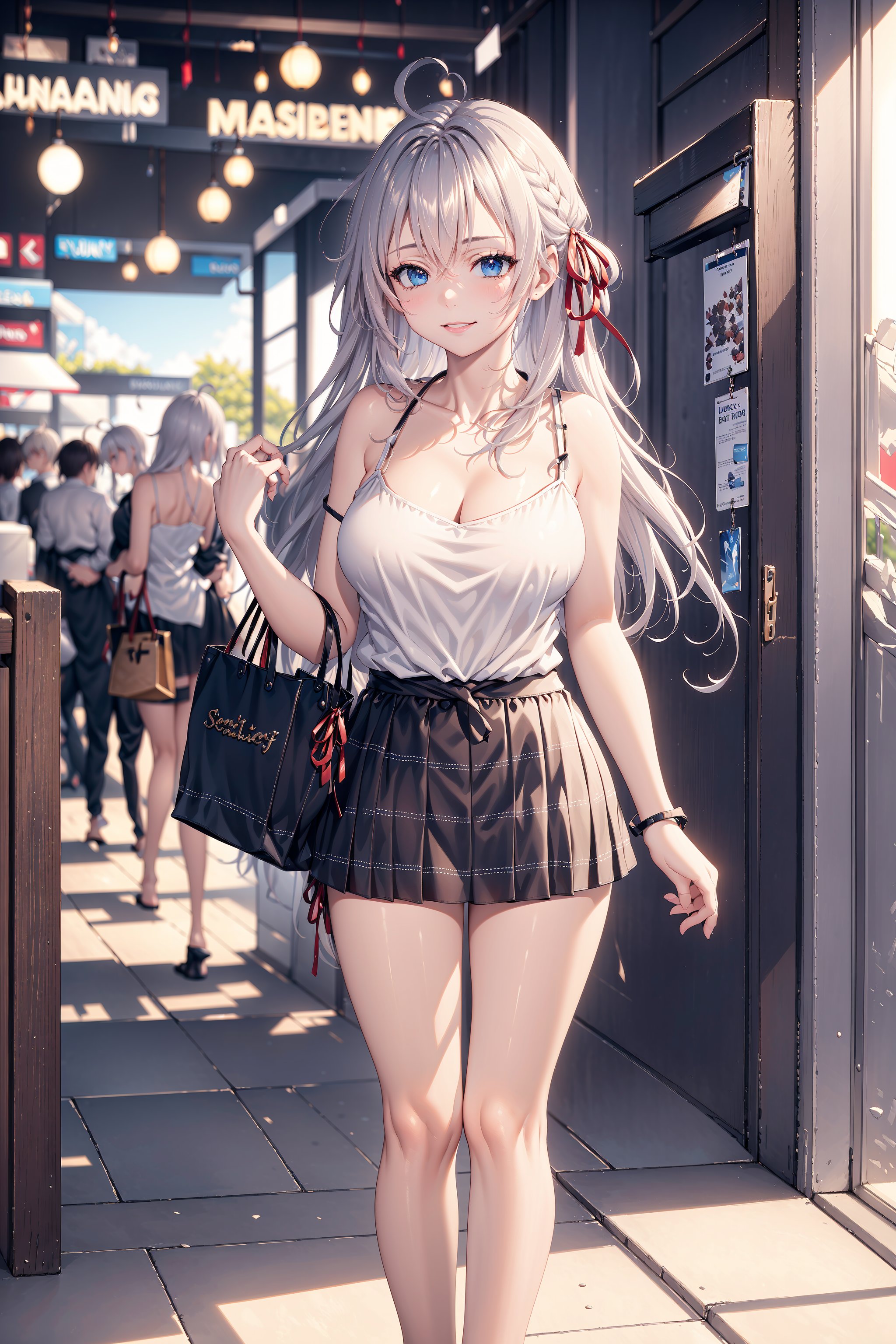 1girl,(masterpiece1.3), (((full body))), wide_shot, looking_at_viewer facing_viewer, depth_of_field, sexy, detailed_eyes,kawaii, poor eyes, waint-legth shiny hair, #WHITE HAIR,silver grey light purple hair, blue eyes, (thin red ribbon on the right side of hair:1.3), (ahoge:1.5),

beautiful breasts, slender,perfect_legs,slim_legs,long legs,flawless_skin,soft_skin, velvety_skin, pettie,(white spaghetti strap tight tank top:1.3), tucked_in_shirt, (olive mini skirt:1.3),  smiling_face, (standing_up:1.5), blush, indoor, shopping mall, shops, boutiques, fashion shops,

best quality, better_hands, YAMATO, 