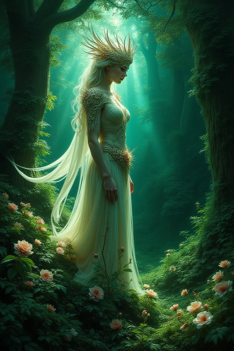 In this hauntingly beautiful painting, the goddess of nature stands majestically at the edge of the world, her left side bathed in brilliant white light, while her right side is shrouded in dark green mystery. A fine art fusion of Drew Struzan and Karol Bak's styles. The composition is masterful, with intricate details of forest foliage, flowers, and metallic ink accents. The lighting is sublime, casting long shadows across the dark background. A gothic masterpiece reminiscent of Ilya Kuvshinov's eerie landscapes and Russ Mills' mystical illustrations.