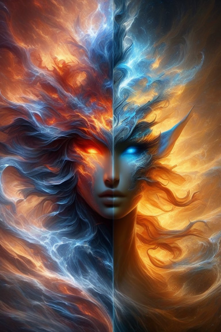 photograph, left half ONLY fire red orange fiery, right ONLY half water flowing white/blue, beautiful watercolour splashes, head and shoulders portrait, (female human:1.3) 8k resolution concept art portrait by Greg Rutkowski, Artgerm, WLOP, Alphonse Mucha dynamic lighting hyperdetailed intricately detailed Splash art trending on Artstation triadic colors Unreal Engine 5 volumetric lighting, A 3D-rendered image of a majestic elf deity left half fire right half water, beautiful background with detailed and dynamic lighting creating a sense of depth and realism.