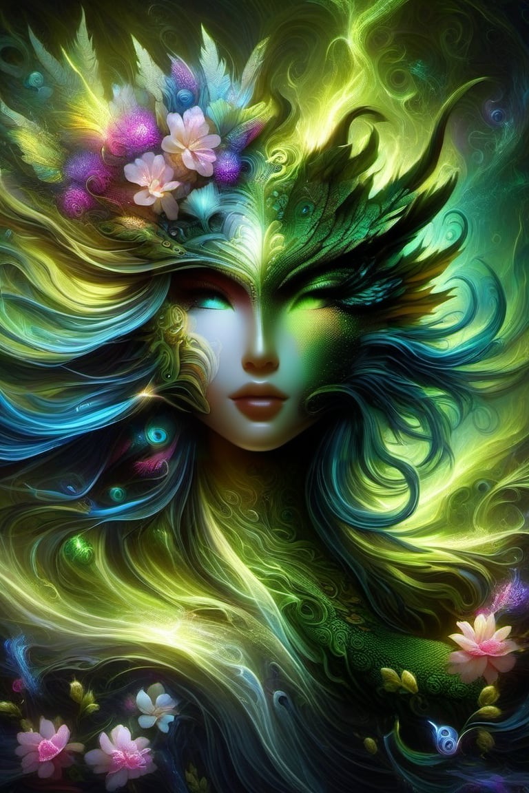 nature and water dragon, anthropomorphic. head and shoulders portrait, hyperdetailed, 1girl, shadowlike deity, dreamlike, breathtaking hyperdetailed fantasy art, beautiful colours, insane depth, perfect composition, intricate detail, beautiful vibrant background 1girl, solo, hair ornament, green eyes, flower, lips, leaf, feathers, realistic, dark
