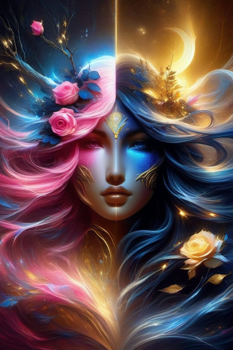 beautiful water deity, centred, fantasy forest at night, dark blue sky, photo, beautiful glowing pink and gold roses, beautiful, Michael Garmash, Carne Griffiths, Jean Baptiste Monge, strybk style, warm dreamy lighting, matte background, volumetric lighting, fluid acrylic, dynamic gradients, bold color, illustration, highly detailed, simple, smooth and clean vector curves, no jagged lines