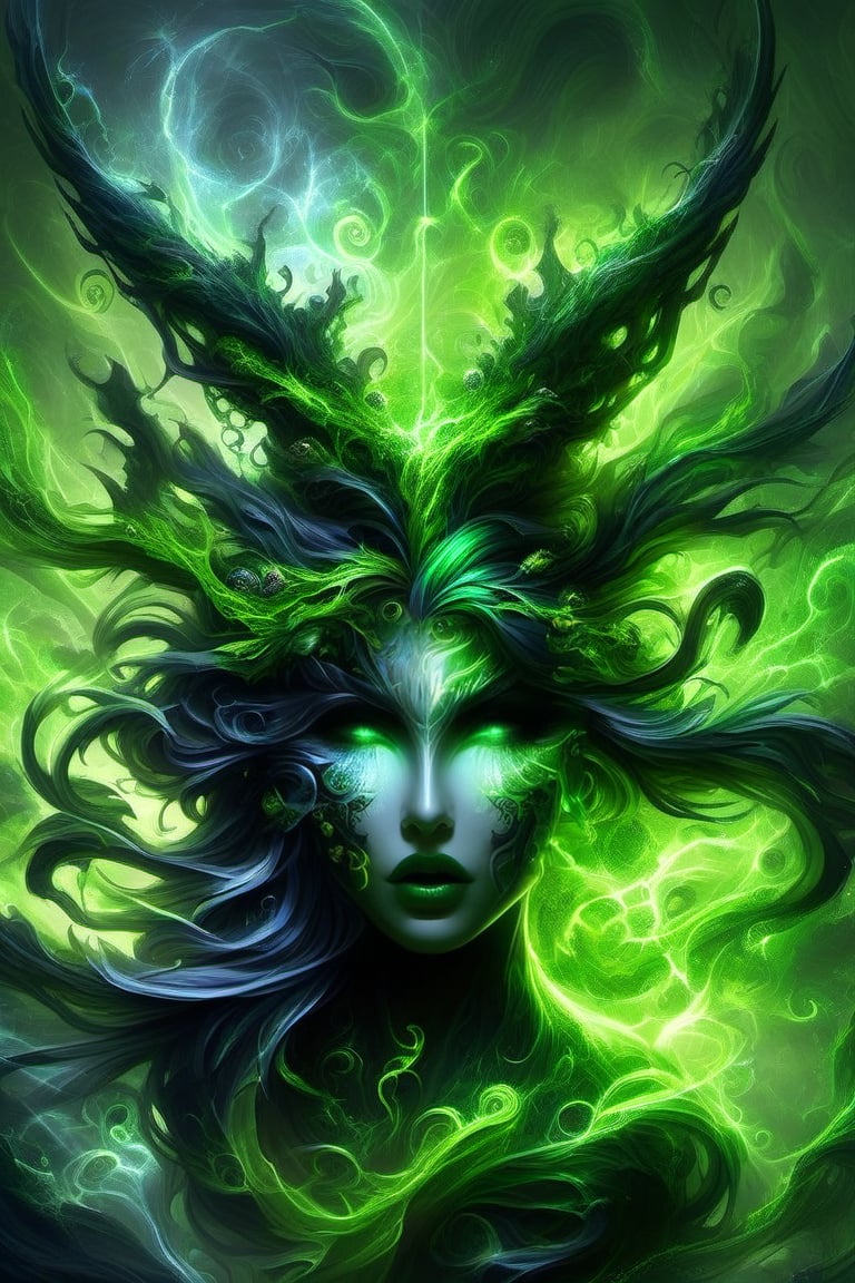 verdania, goddess of toxicity, exudes a malevolent allure in a realm saturated with acid ivy green. her skin, a sickly hue of toxic green, radiates with a poisonous glow. eyes, glowing with malice, pierce through the darkness. draped in flowing robes of emerald and venomous green, her hair writhes like serpents, dripping with venomous droplets. poisonous tendrils entwine her form, pulsating with malevolent energy. wings, jagged and emerald-hued, spread with a sinister grace. horns, twisted and thorn-like, 