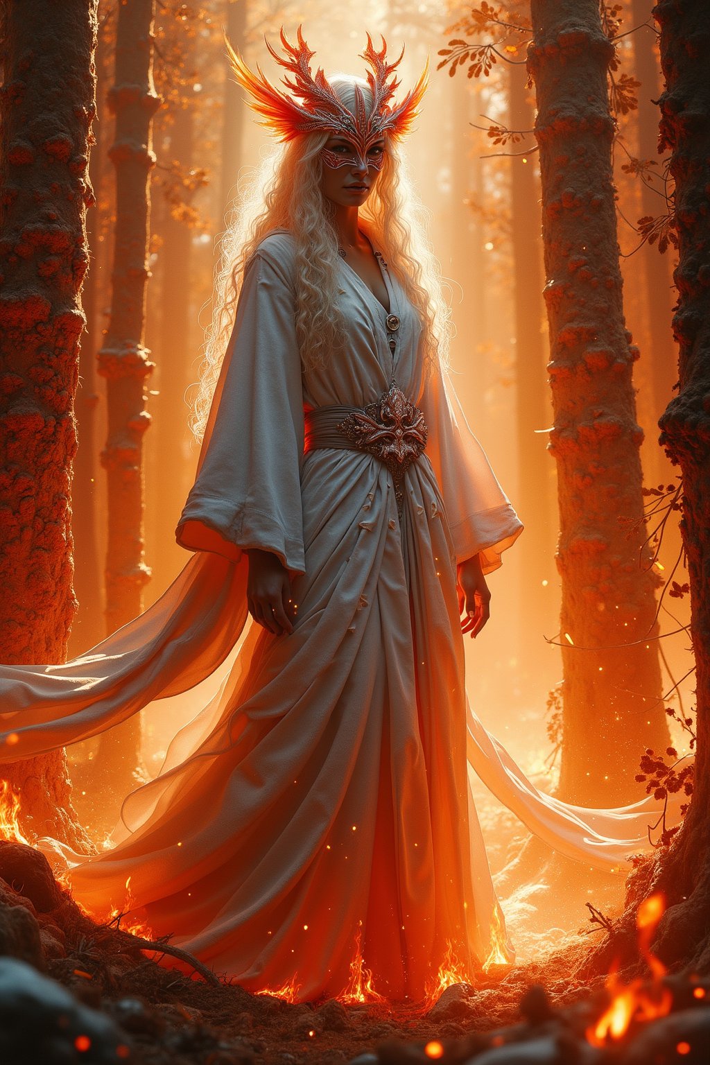 In a symphony of blazing orange and fiery red hues, a mystical forest elf stands tall, cloaked in wispy white robes adorned with striking details and flames, her defined facial structure radiating fury and unyielding determination. Framed against a backdrop of swirling fire-ensconced trees, she rises like a phoenix from the ashes. The camera's gaze is drawn to her imposing figure as she surveys her surroundings with an air of quiet confidence. The composition is maximalist, with intricate details and textures that seem almost photorealistic. Frosty whites, fiery oranges, and rich wood tones blend in a striking visual dichotomy, as if Unreal Engine 5's octane-rendered output came to life. Matte painting techniques weave together the disparate elements, creating an awe-inspiring fantasy concept artwork worthy of Artstation's top tier.