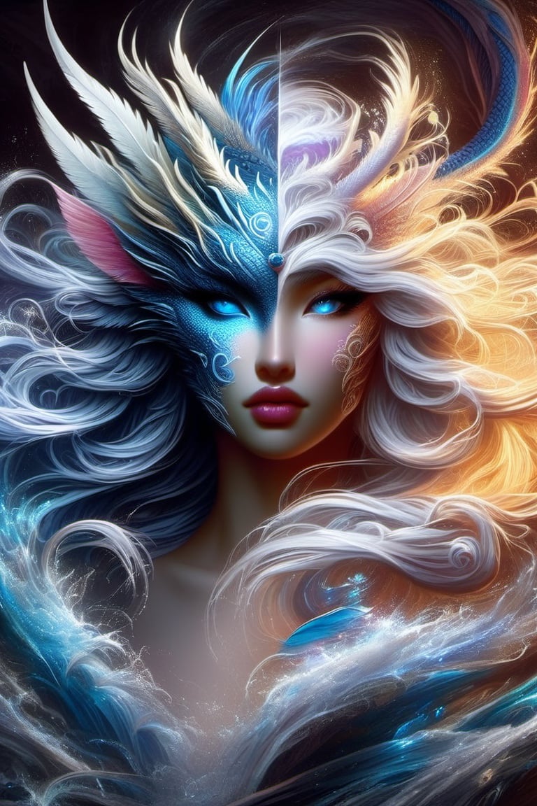 ice and water dragon, anthropomorphic. head and shoulders portrait, hyperdetailed, 1girl, four elements, shadowlike deity, dreamlike, breathtaking hyperdetailed fantasy art, beautiful water cold colours, insane depth, perfect composition, intricate detail, beautiful vibrant background 1girl, solo, hair ornament, blue eyes, flower, lips, ocean flowing water, feathers, realistic, dark
