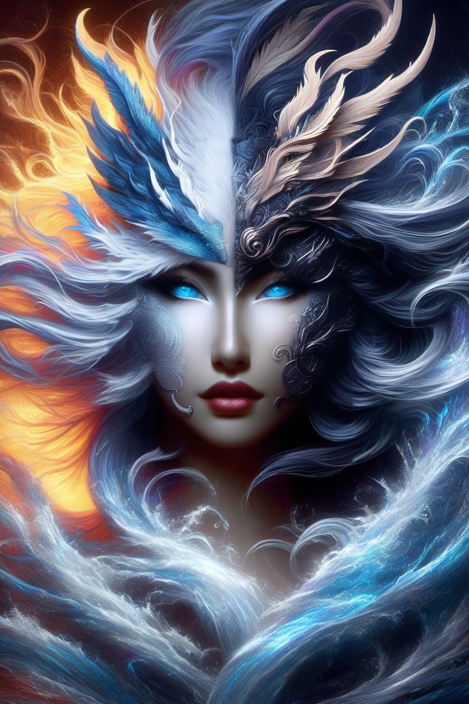 ice and water dragon, anthropomorphic. head and shoulders portrait, hyperdetailed, 1girl, four elements, shadowlike deity, dreamlike, breathtaking hyperdetailed fantasy art, beautiful water cold colours, insane depth, perfect composition, intricate detail, beautiful vibrant background 1girl, solo, hair ornament, blue eyes, flower, lips, ocean flowing water, feathers, realistic, dark
